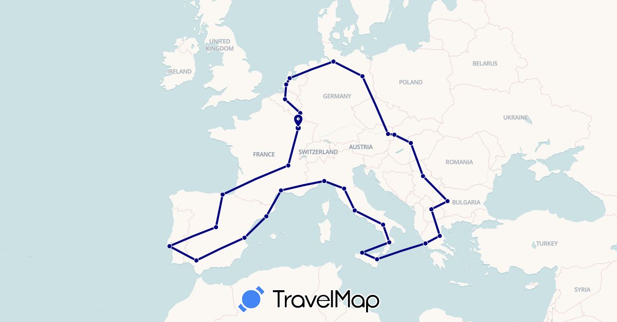 TravelMap itinerary: driving in Austria, Belgium, Bulgaria, Germany, Spain, France, Greece, Hungary, Italy, Luxembourg, Macedonia, Netherlands, Portugal, Serbia, Slovakia (Europe)